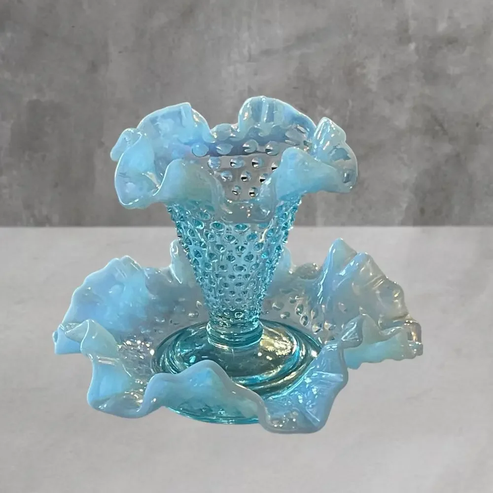Vtg Fenton Opalescent Blue Hobnail 2-Piece Epergne Trumpet Flower Vase Pre 1970s